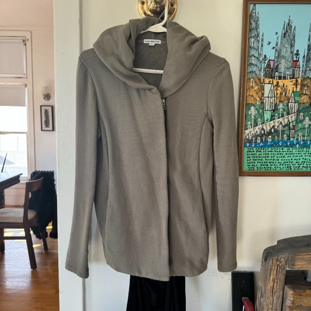 JAMES PERSE Hooded Zip Front Sweatshirt Stretch Jacket In Beige 1